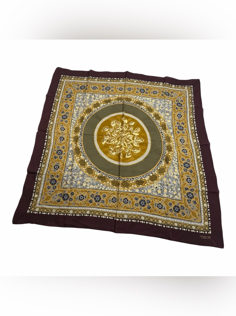 Talbots Burgundy and Mustard Floral Border Square Scarf - Picture 1 of 8